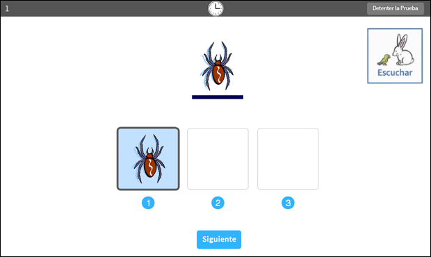 The test window for a hands-on question. The available answer has been selected and is on the blank line. A clock at the top means time for the question is running out. The Siguiente button is at the bottom.