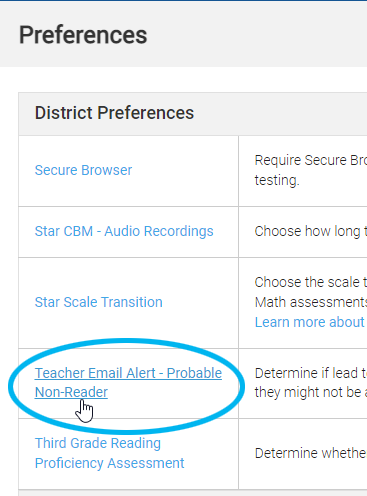 under the District Preferences, select Teacher Email Alert - Probable Non-Reader