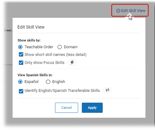 The Edit Skill View pop-up window, with the options described below. The Cancel and Apply buttons are at the bottom.
