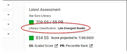 The student's Literacy Classification (Late Emergent Reader) is shown below their Scaled Score and Percentile Rank from their latest Star Early Literacy assessment.