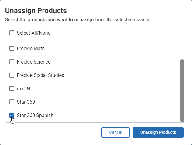 uncheck products as needed - only those checked are assigned to the classes
