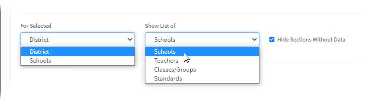 The For Selected and Show List of drop-down lists.