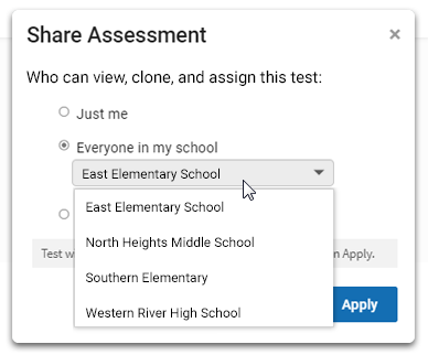 The Share Assessment pop-up window, with a single school selected.