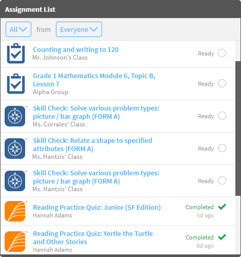 A student assignment list. The student has used the drop-down lists at the top to view all assignments from everyone. Two resources and three skill checks are ready for the student; two reading practice quizzes have been completed.