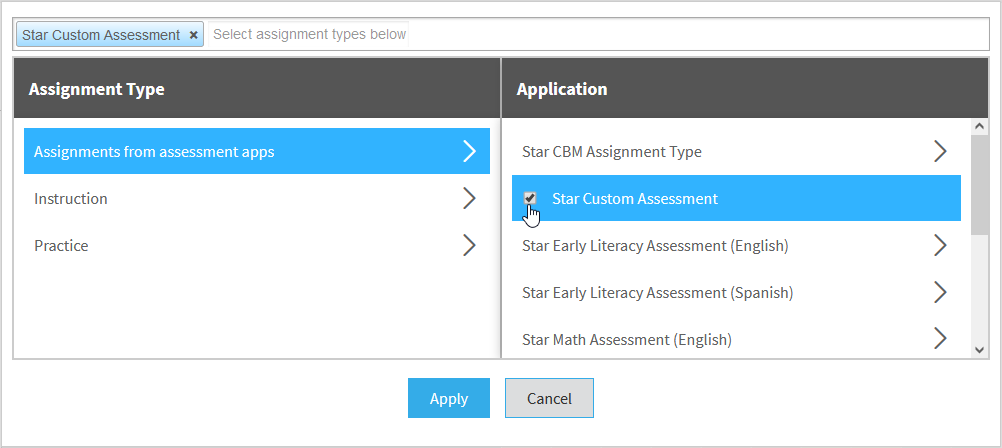 the options for assignments from assessment apps