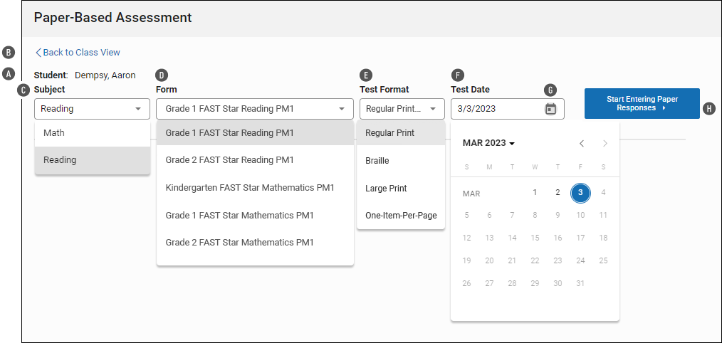 The Paper-Based Assessment page, with the Subject, Form, Test Format, and Test Date fields; the Start Entering Paper Responses button is on the right.