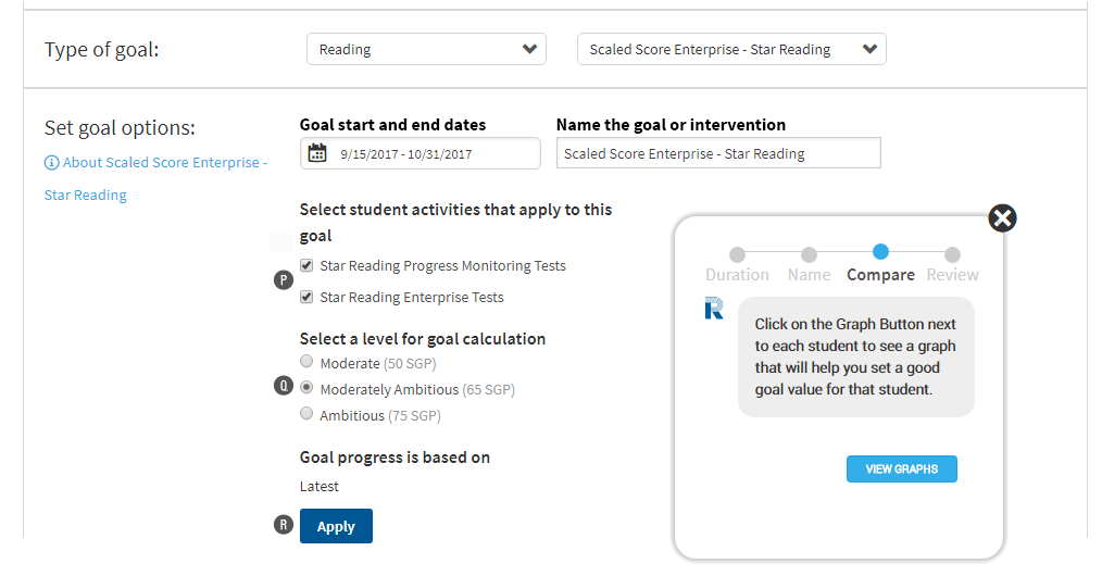 In this example, Reading is the goal category, and Scaled Score Enterprise - Star Reading is the goal type. The user must select which Star Reading tests will apply towards this goal: Progress Monitoring and/or Enterprise. Levels for goal calculation follow; the Apply button is at the bottom.