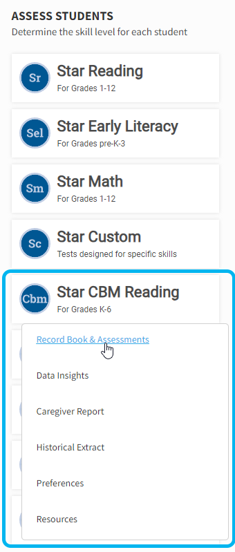 the Star CBM Reading tile and menu options