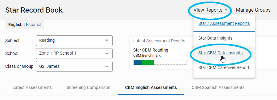 select View Reports, then Star CBM Data Insights
