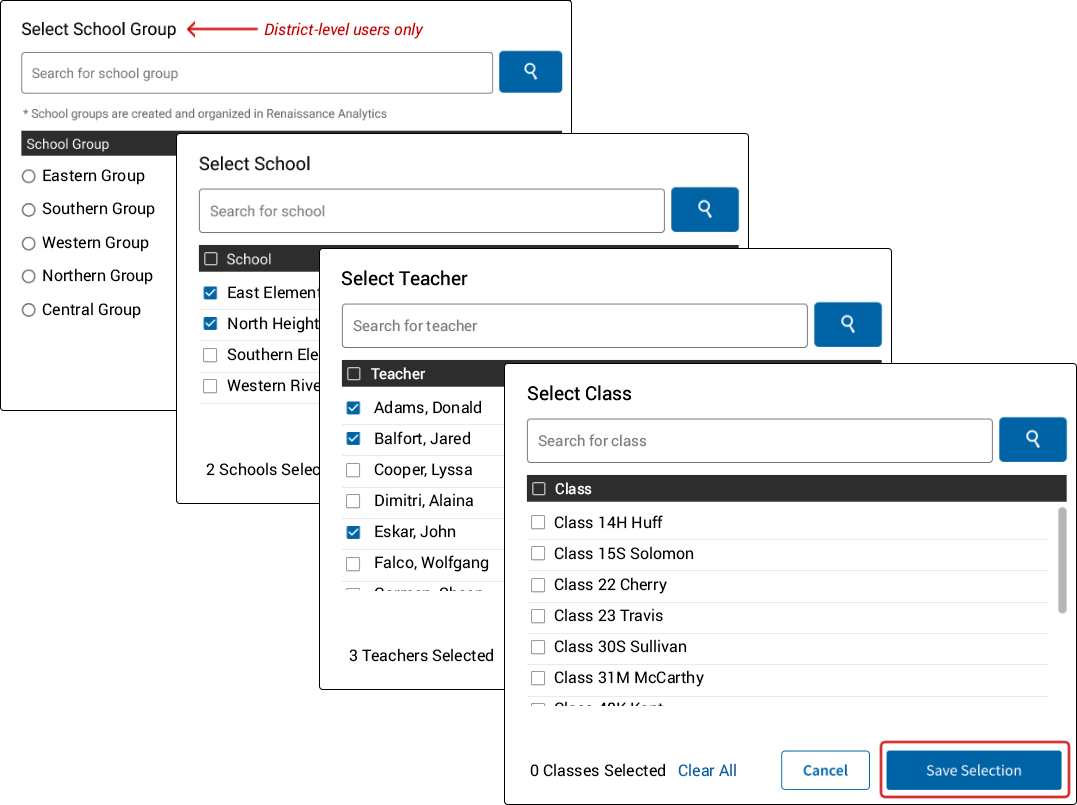 Pop-up windows for selecting School Groups, Schools, Teachers, and Classes.