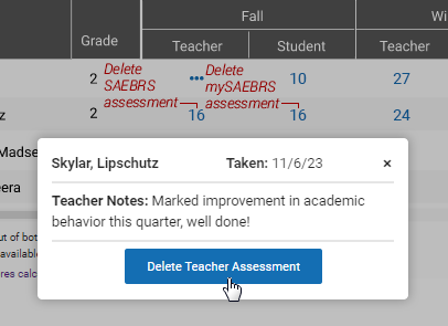 The Delete Teacher Assessment button.