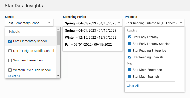 The School, Screening Periods, and Products drop-down lists.