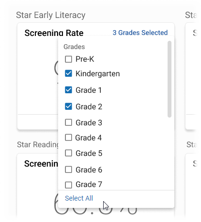 A grade selection drop-down list, with three grades selected.